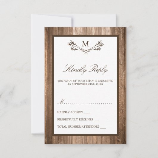 Land Rustic Monogram Branch & Wood Weddenschap RSVP Kaartje (Voorkant)