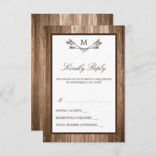 Land Rustic Monogram Branch & Wood Weddenschap RSVP Kaartje (Voorkant / Achterkant)