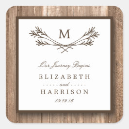 Land Rustic Monogram Branch & Wood Weddenschap Vierkante Sticker