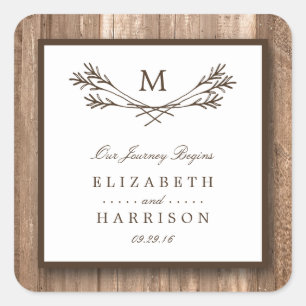 Land Rustic Monogram Branch & Wood Weddenschap Vierkante Sticker