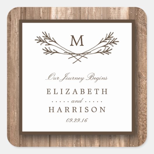 Land Rustic Monogram Branch & Wood Weddenschap Vierkante Sticker (Voorkant)