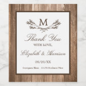 Land Rustic Monogram Branch & Wood Weddenschap Wijn Etiket (Enkel label)