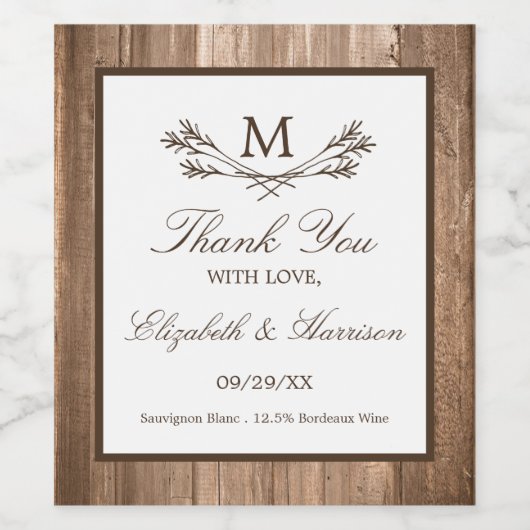 Land Rustic Monogram Branch & Wood Weddenschap Wijn Etiket (Enkel label)
