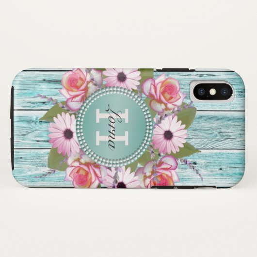 Land Rustic PInk Flora Barn Wood Monogram Case-Mate iPhone Case (Achterkant (horizontaal))