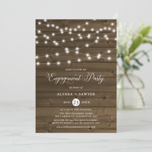 Land Rustic String Lights Engagement Party Kaart (Staand voorkant)
