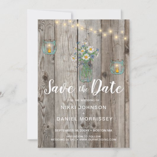 Land Rustic String Lights Jars Wildflower Foto Save The Date (Voorkant)