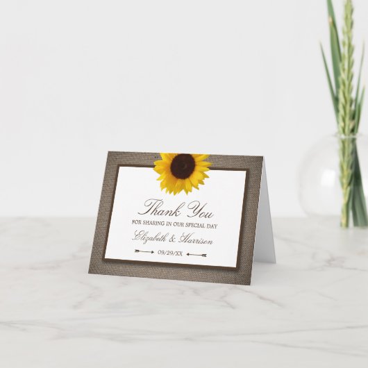 Land Rustic Sunflower & Burlap Wedding Bedankkaart (Voorkant)