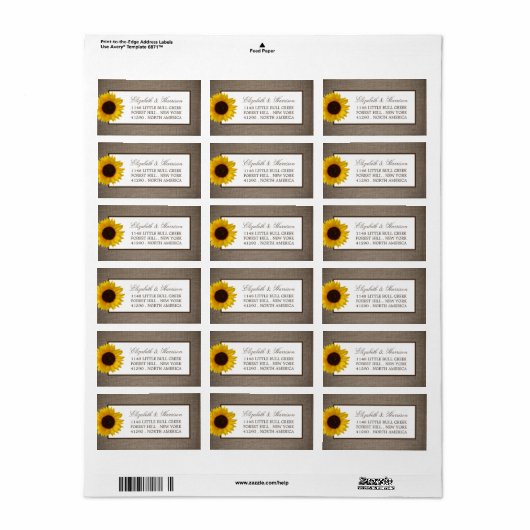 Land Rustic Sunflower & Burlap Wedding Etiket (Full Sheet)
