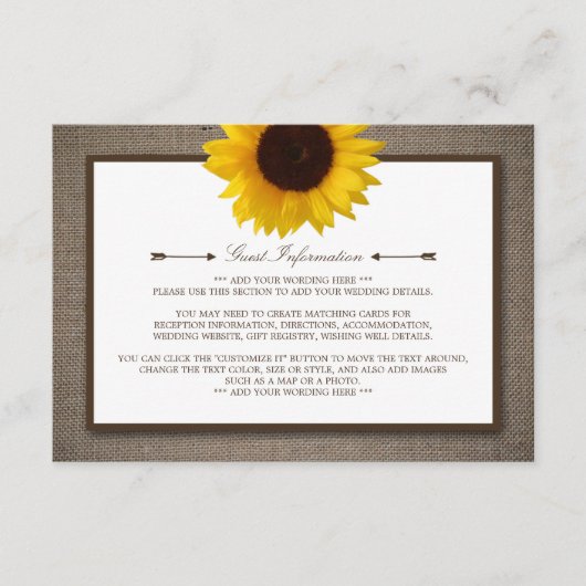 Land Rustic Sunflower & Burlap Wedding Informatiekaartje (Voorkant)
