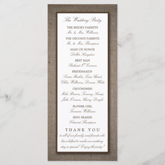 Land Rustic Sunflower & Burlap Wedding Programmakaart (Achterkant)