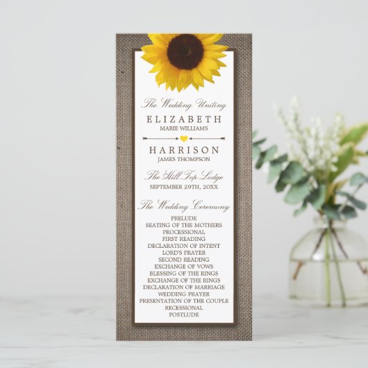 Land Rustic Sunflower & Burlap Wedding Programmakaart (Staand voorkant)