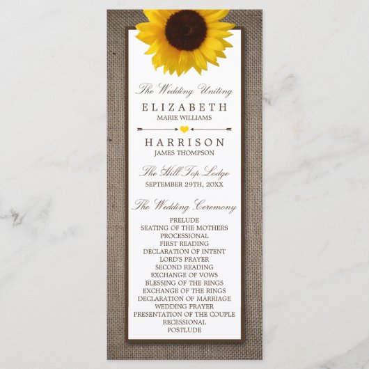 Land Rustic Sunflower & Burlap Wedding Programmakaart (Voorkant)
