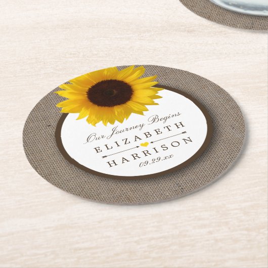 Land Rustic Sunflower & Burlap Wedding Ronde Kartonnen Onderzetter (Gebogen)