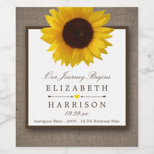 Land Rustic Sunflower & Burlap Wedding Wijn Etiket (Enkel label)