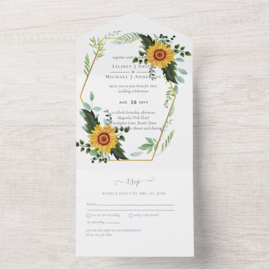 Land Rustic Sunflower Greenery Wedding Budget All In One Uitnodiging (Binnen)