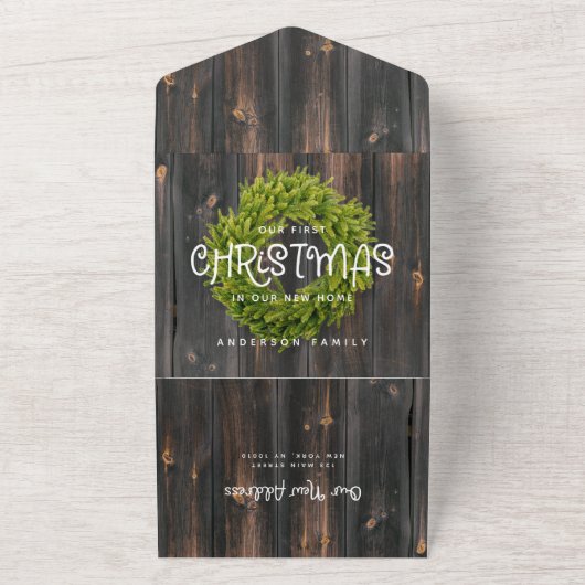 Land Rustic Wood Eerste Kerstmis Nieuwe Thuisse Ka All In One Uitnodiging (Buitenkant)