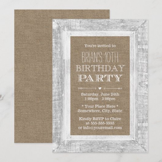 Land Rustic Wood Lijst Burlap 10e verjaardag Kaart (Voorkant / Achterkant)