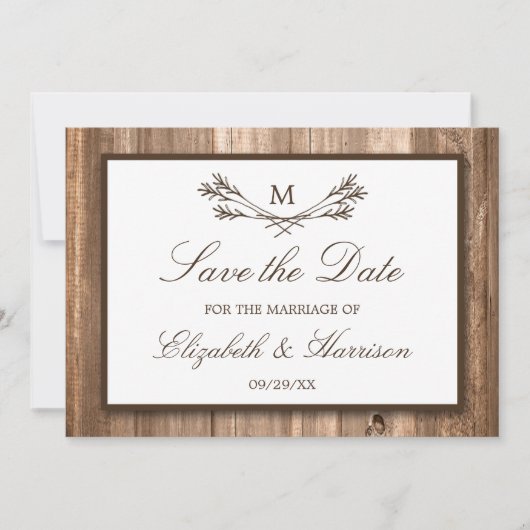 Land Rustic Wood Monogram Branch Save the Date (Voorkant)