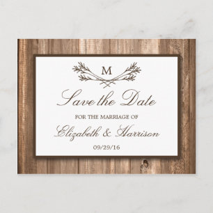 Land Rustic Wood Monogram Branch Save the Date Aankondigingskaart