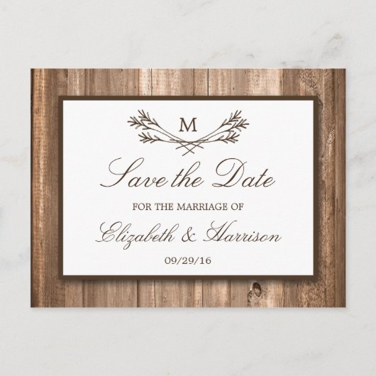 Land Rustic Wood Monogram Branch Save the Date Aankondigingskaart (Voorkant)