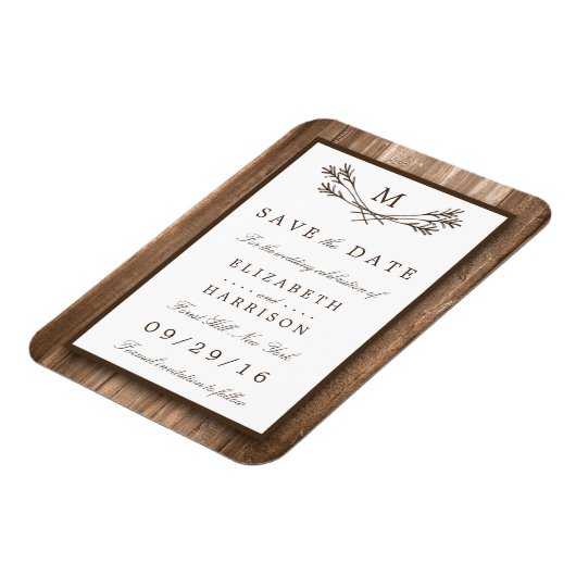 Land Rustic Wood Monogram Branch Save the Date Magneet (Linkerzijde)