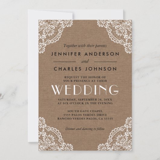 Land Rustieke Burlap Lace Hoek Detail bruiloft Kaart (Voorkant)