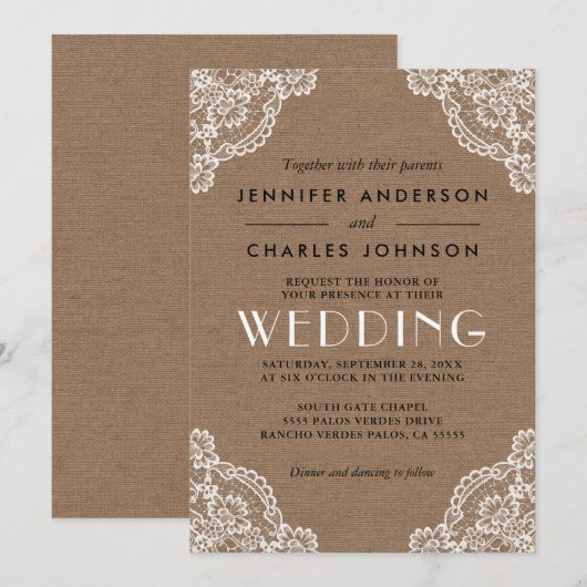 Land Rustieke Burlap Lace Hoek Detail bruiloft Kaart (Voorkant / Achterkant)