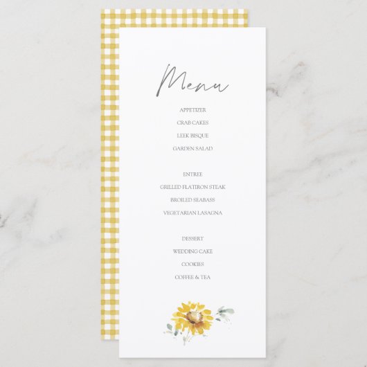 Land Rustieke Gele Zonnebloem Waterverf Bruiloft Menu (Voorkant / Achterkant)
