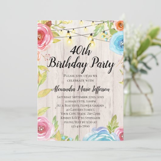 land rustieke string lichten 40e verjaardag kaart (Staand voorkant)