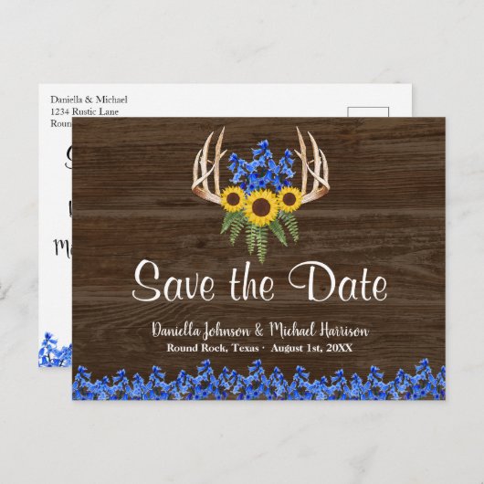 Land Rustige Floral Antlers BEWAREN DATUM Briefkaart (Voorkant / Achterkant)