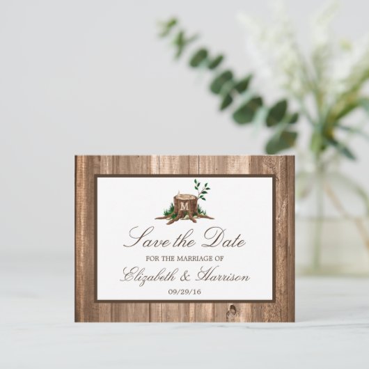 Land Rustige houtmonogram sparen de datum Aankondigingskaart (Staand voorkant)