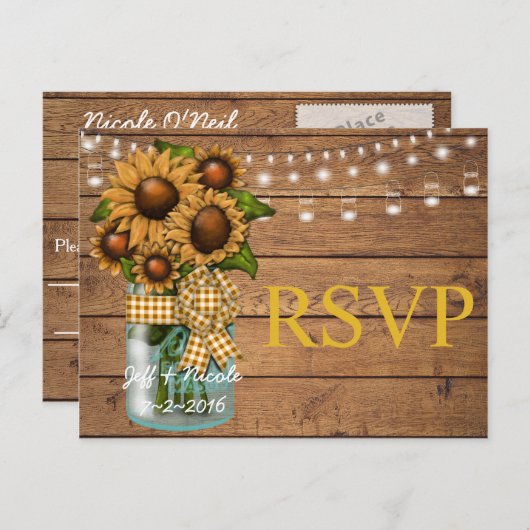 Land Rustige Mason Jar met zonnebloem Uitnodiging Briefkaart (Voorkant / Achterkant)