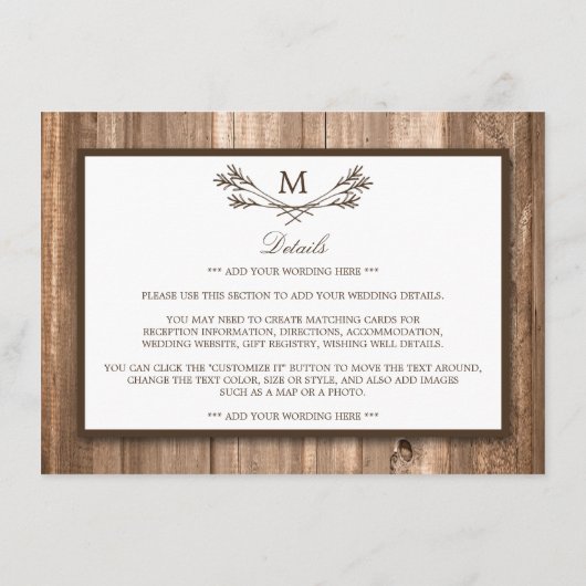Land Rustige Monogram Branch & houdetail Card Informatiekaartje (Achterkant)