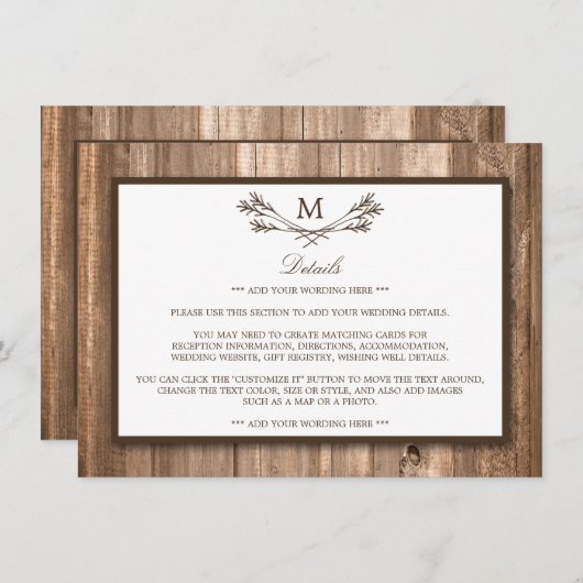 Land Rustige Monogram Branch & houdetail Card Informatiekaartje (Voorkant / Achterkant)