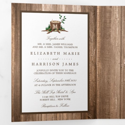 Land Rustige Monogram Tree & Wood Wedding Suite Drieluik Uitnodiging (Binnenzijde eerst)