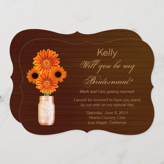 Land Rustige Sinaasappel Mason Jar Bridesmaid Kaar Kaart (Voorkant / Achterkant)