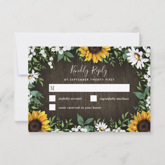 Land Rustige Sunflower Daisy Wedding RSVP-kaarten RSVP Kaartje (Voorkant)