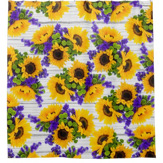 Land Rustige Witte Hout Paarse Gele Zonnebloem Douchegordijn