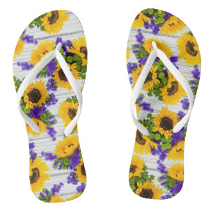 Land Rustige Witte Hout Paarse Gele Zonnebloem Teenslippers