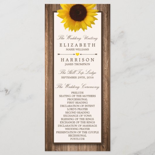Land Rustige zonnebloem & bruinwoudhuwelijk Programmakaart (Voorkant)