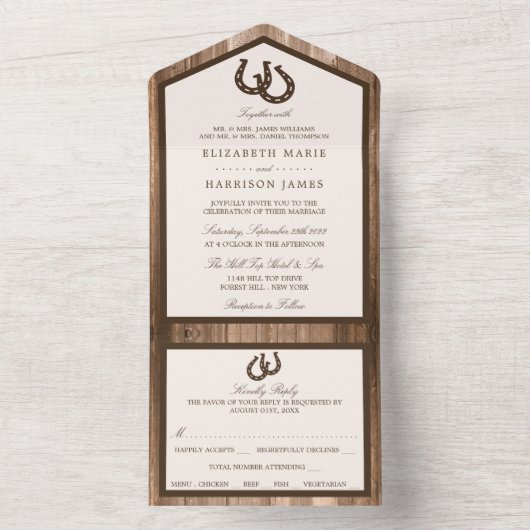 Land Rustisch Hoefijzer en bruin hout All In One Uitnodiging (Binnen)