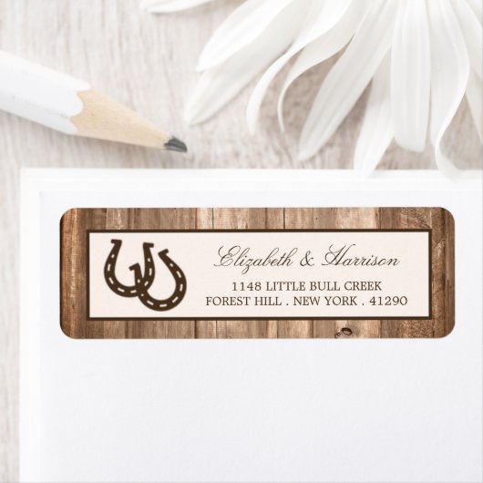 Land Rustisch Hoefijzer en bruin hout Etiket