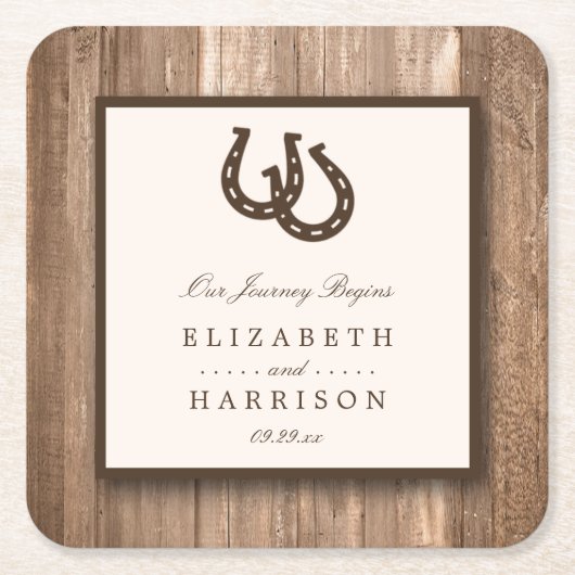 Land Rustisch Hoefijzer en bruin hout Kartonnen Onderzetters (Voorkant)