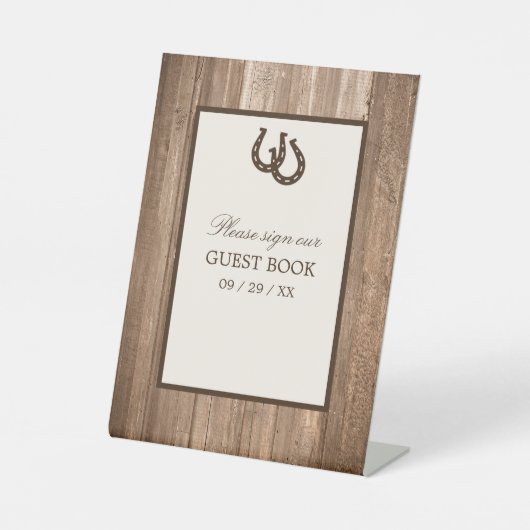 Land Rustisch Hoefijzer en bruin hout Reclamebord Met Voetstuk (Voorkant)