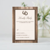 Land Rustisch Hoefijzer en bruin hout RSVP Kaartje (Staand voorkant)