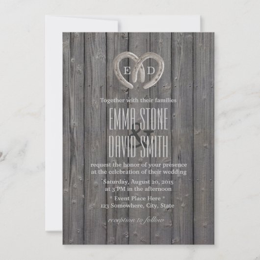 Land Rustisch Hoefijzer Heart Barn Wood Wedding Kaart (Voorkant)