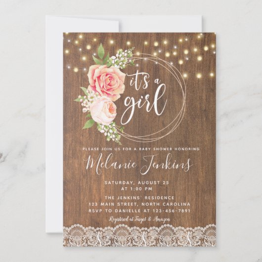 Land Rustisch Roos Girl Baby shower Invitation Kaart (Voorkant)