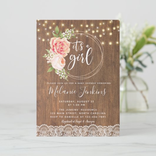 Land Rustisch Roos Girl Baby shower Invitation Kaart (Staand voorkant)