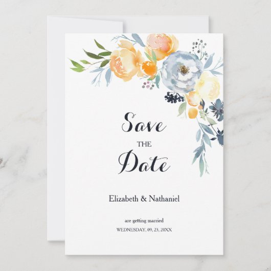 Land sinaasappel blauw wit bloemig Save the Date Kaart (Voorkant)