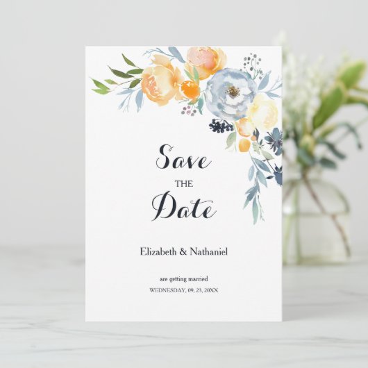 Land sinaasappel blauw wit bloemig Save the Date Kaart (Staand voorkant)